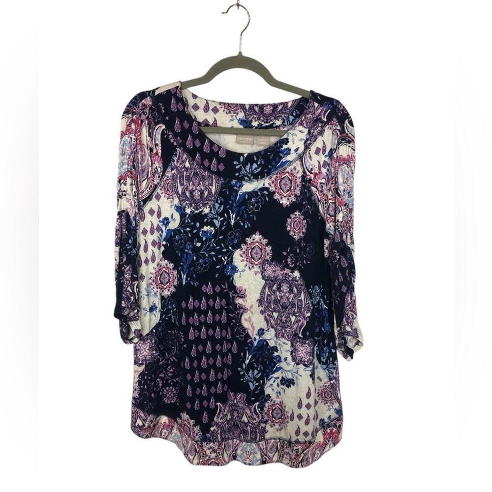 Chico’s Zenergy Tunic Floral Wide Neck Hem Ruched Sleeves